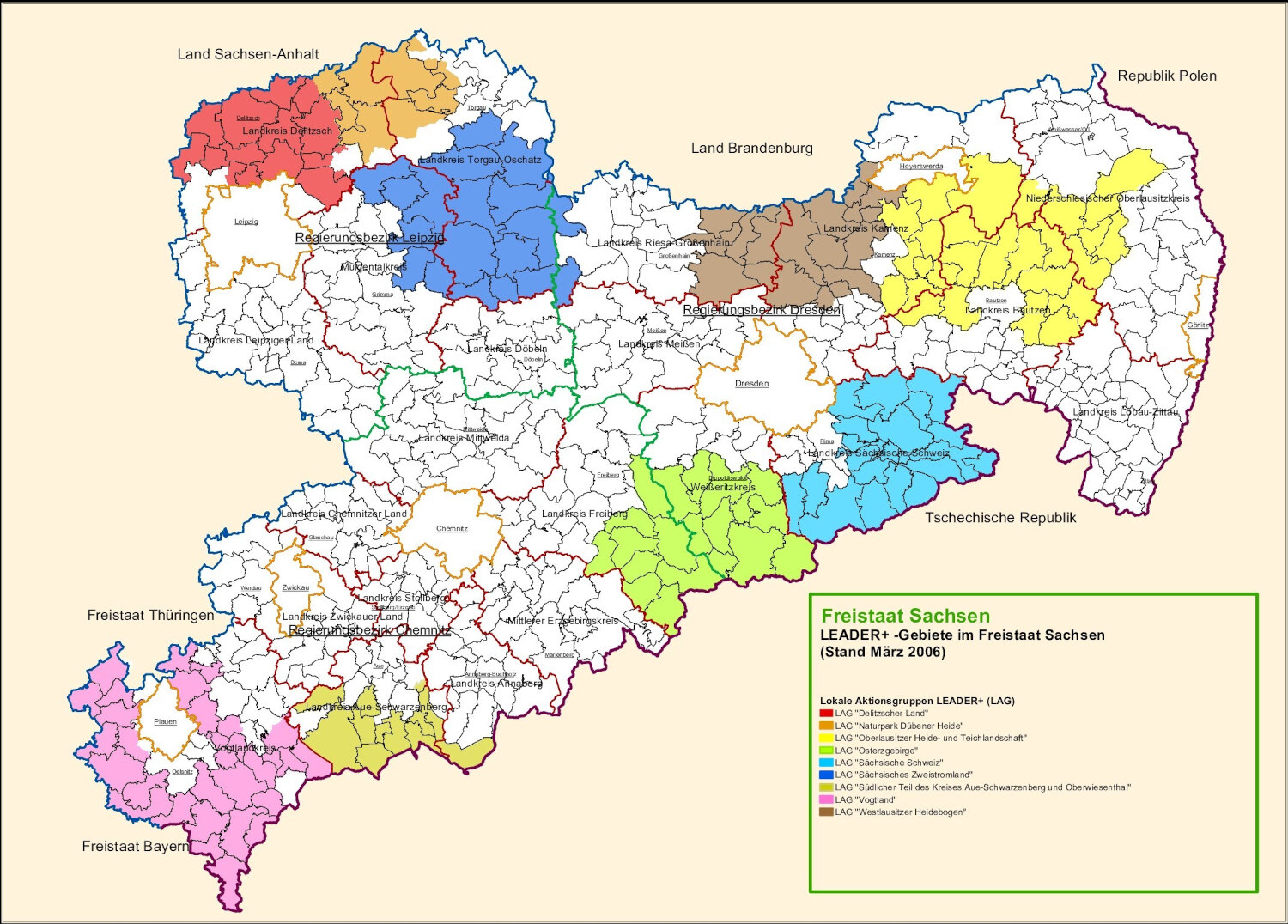 Sachsenkarte mit einzeichneten LEADER+-Gebieten 2000-2006