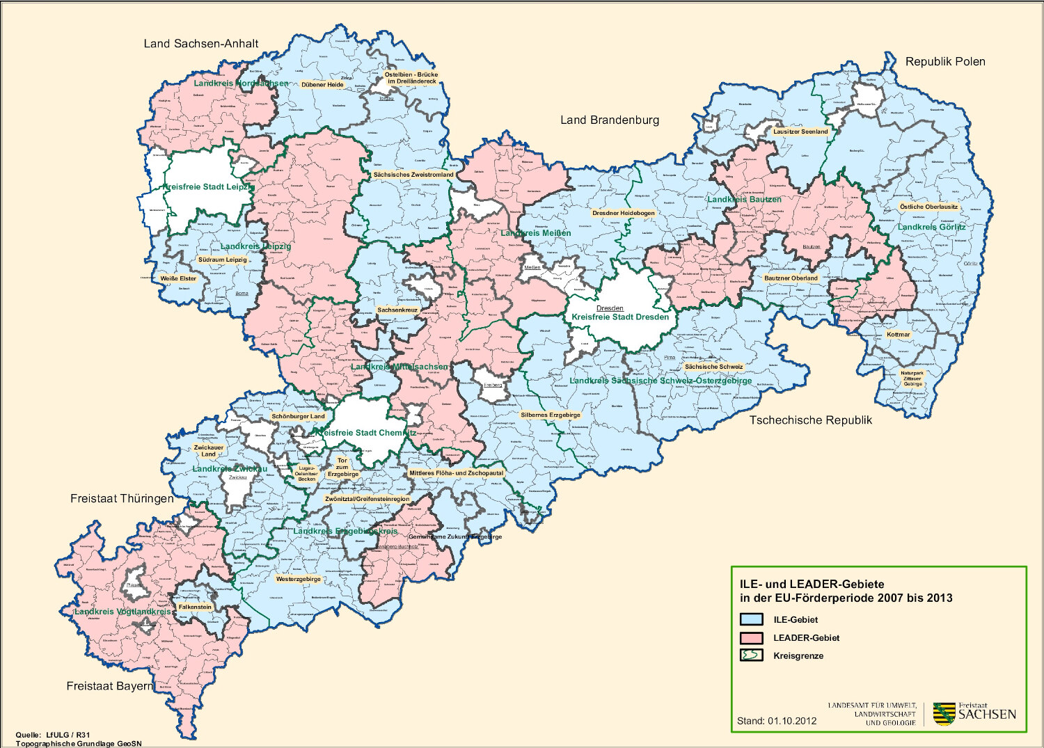 Sachsenkarte mit einzeichneten LEADER-Gebieten 2007 - 2013