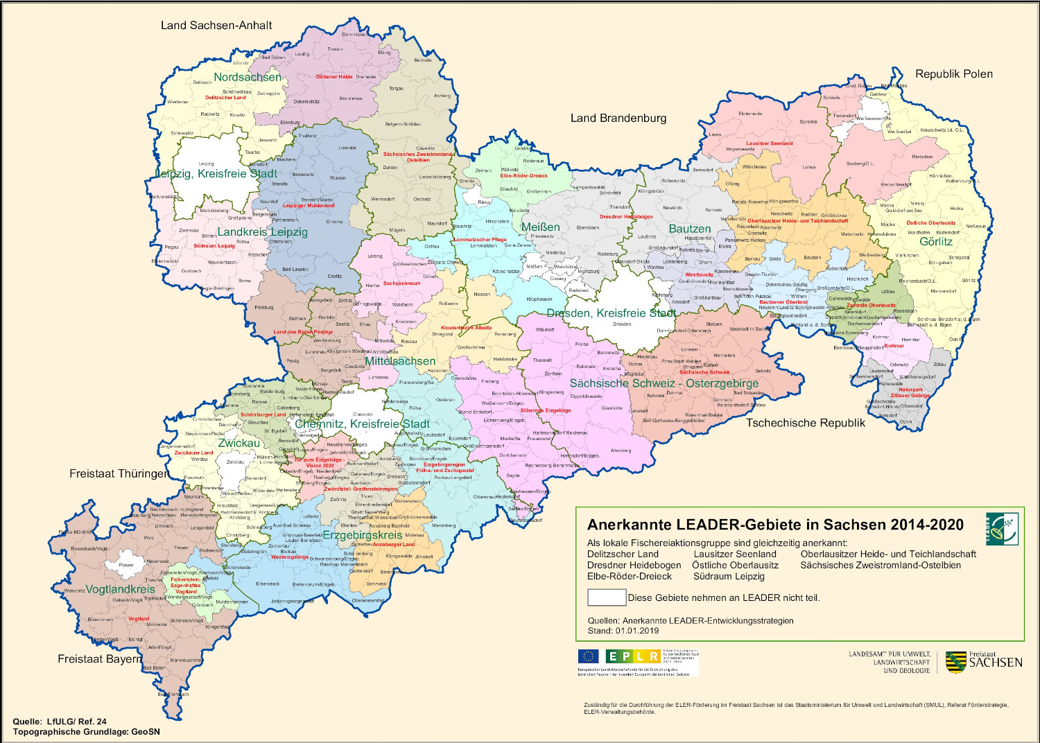 Sachsenkarte mit einzeichneten LEADER-Gebieten 2014 - 2022