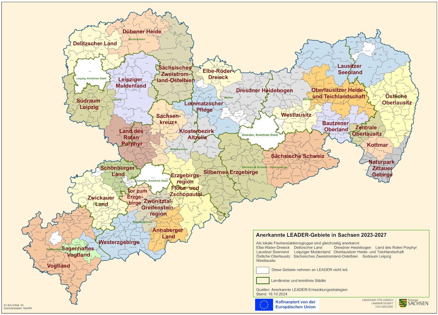 Sachsenkarte mit einzeichneten LEADER-Gebieten 2023 - 2027