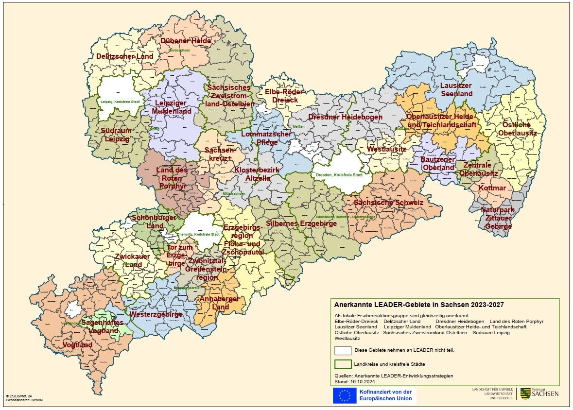 Sachsenkarte mit einzeichneten anerkannten LEADER-Gebieten 2023-2027