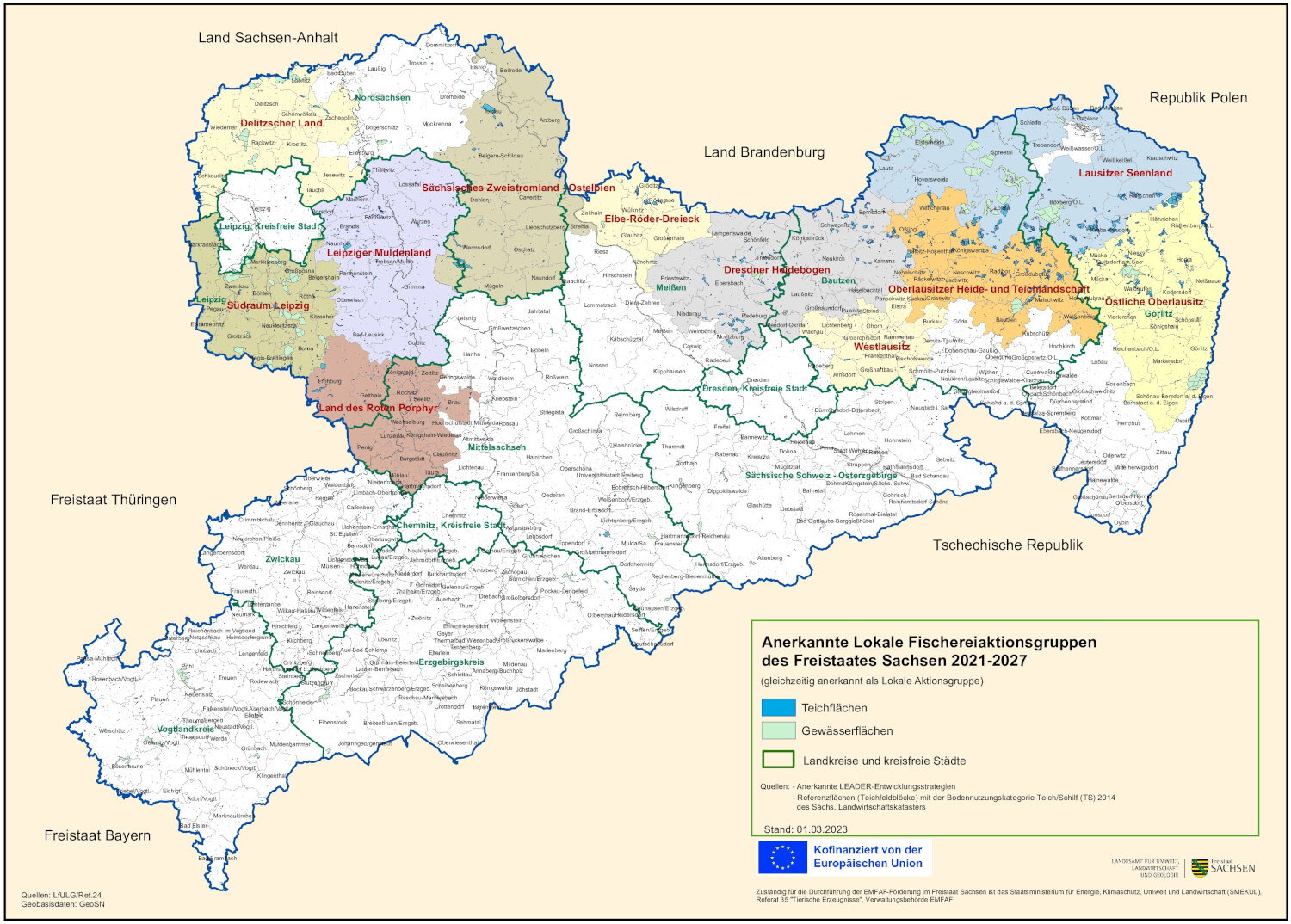 Sachsenkarte mit einzeichneten lokalen Fischereiaktionsgruppen 2023 bis 2027