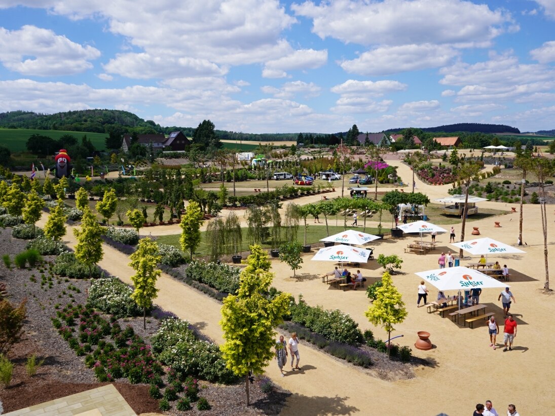 Blick auf den Mammutgarten mit seinem begrünten Wegenetz, rechts im Bild fünf beschirmte Sitzgruppen