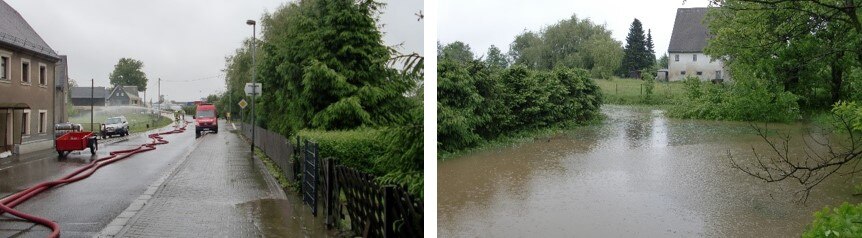 links: Überflutung der B 107; rechts: Vollgelaufenes Regenrückhaltebecken