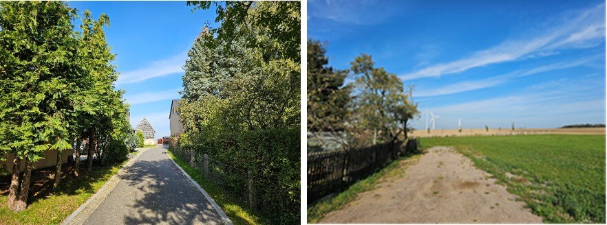 Bild links: Asphaltstraße im Ortsbereich; Bild rechts: Schotterweg zur Erschließung der landwirtschaftlichen Flächen und der Hochwasserschutzanlagen