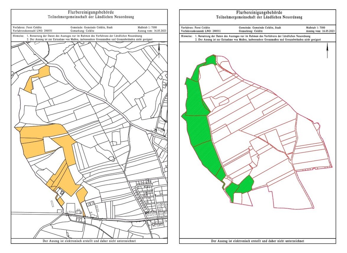 Flurstücke und Besitzstand des BSB vor und nach der Neuordnung der Flächen; links: mehrere kleine Flurstücke: rechts zusammengeführte Flurstücke